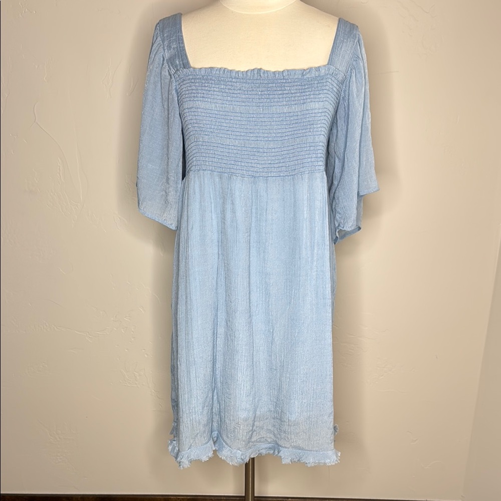 Umgee Light Blue Smocked Bodice Dress with Fray hem